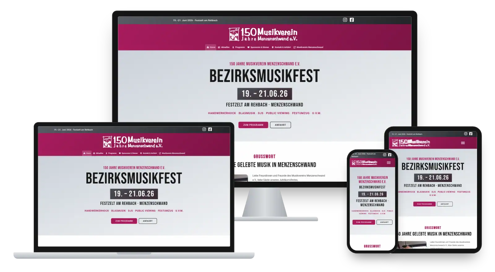 Website bezirksmusikfest.net auf Monitor, Laptop, Tablet und Smartphone