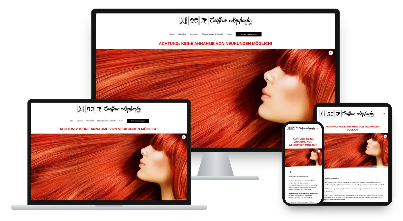 Website coiffeur-kopfsache.de auf Monitor, Laptop, Tablet und Smartphone