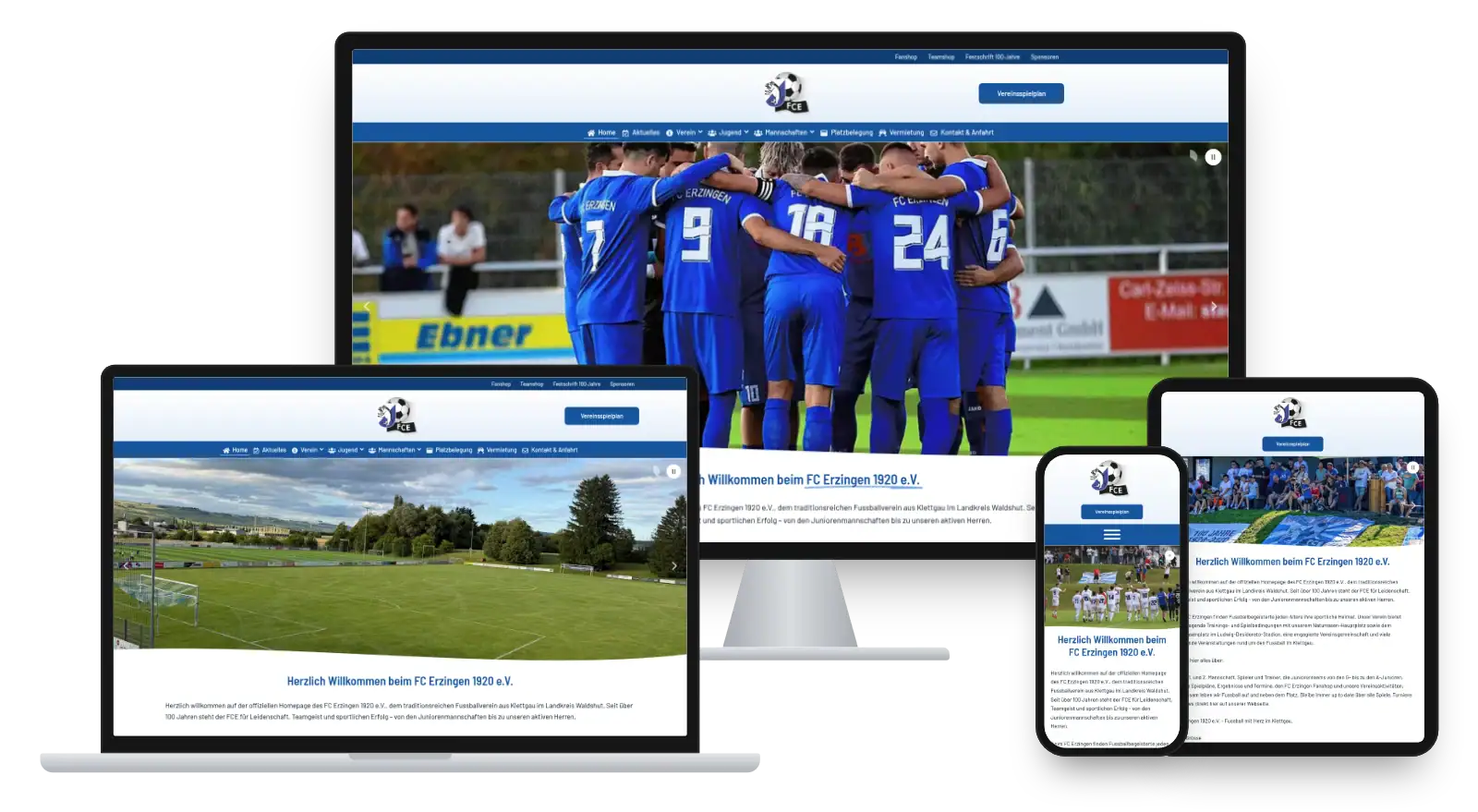 Website fc-erzingen.de auf Monitor, Laptop, Tablet und Smartphone
