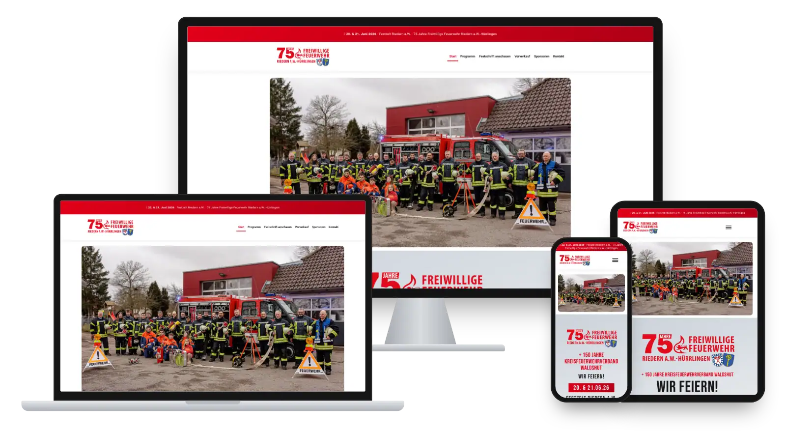 Website feuerwehr-feiert.de auf Monitor, Laptop, Tablet und Smartphone