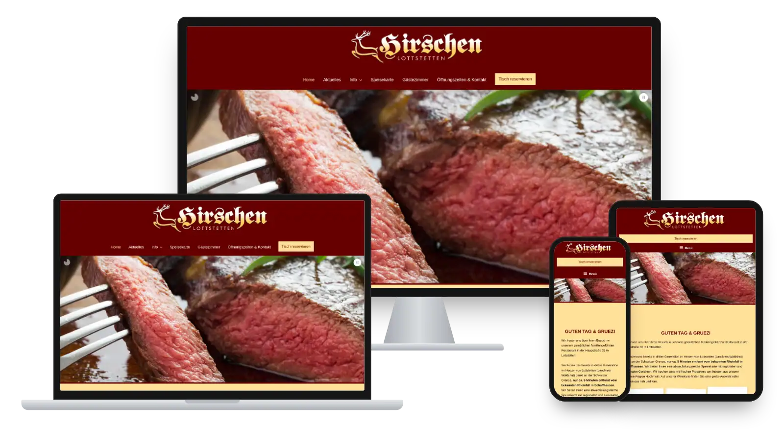 Website hirschen-lottstetten.de auf Monitor, Laptop, Tablet und Smartphone