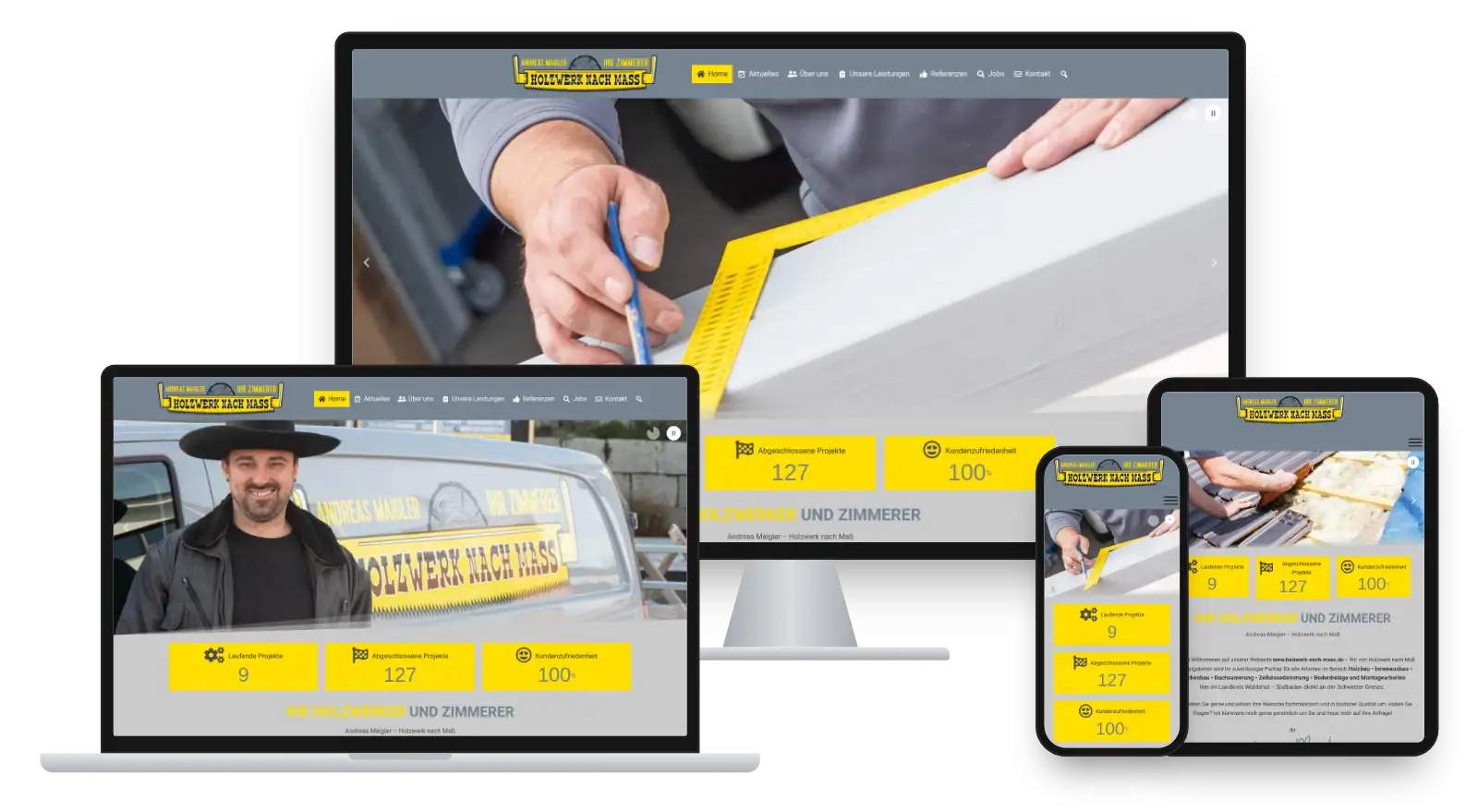 Website holzwerk-nach-mass.de auf Monitor, Laptop, Tablet und Smartphone