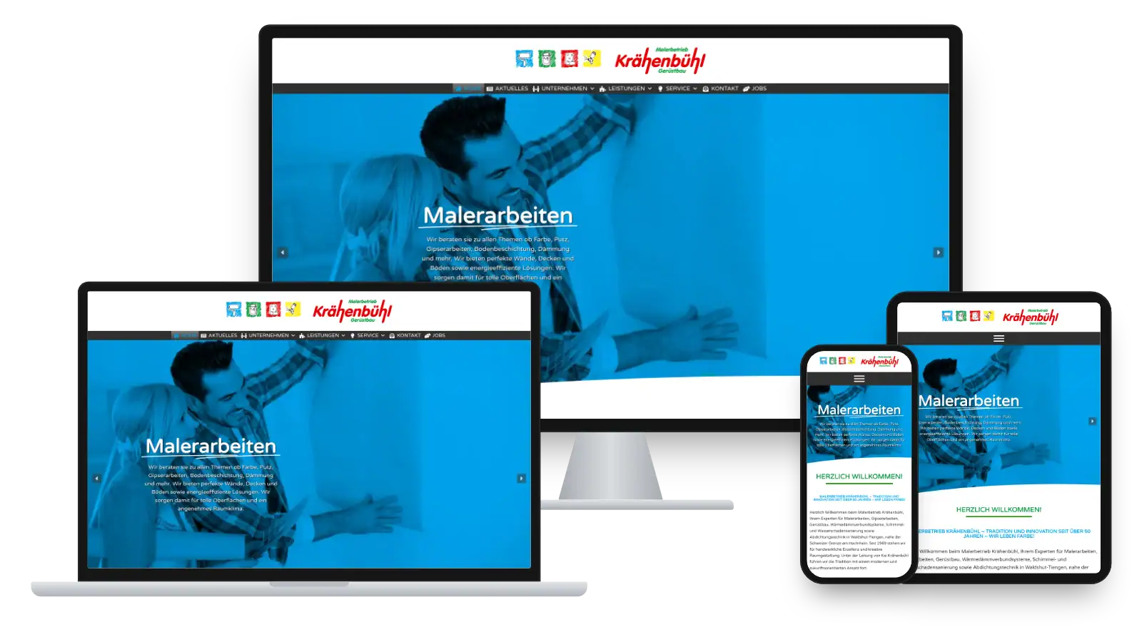 Website kraehenbuehl.de auf Monitor, Laptop, Tablet und Smartphone