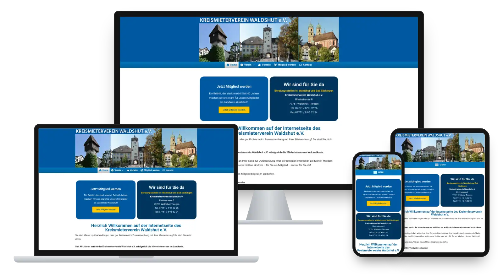 Website kreismieterverein-waldshut.de auf Monitor, Laptop, Tablet und Smartphone
