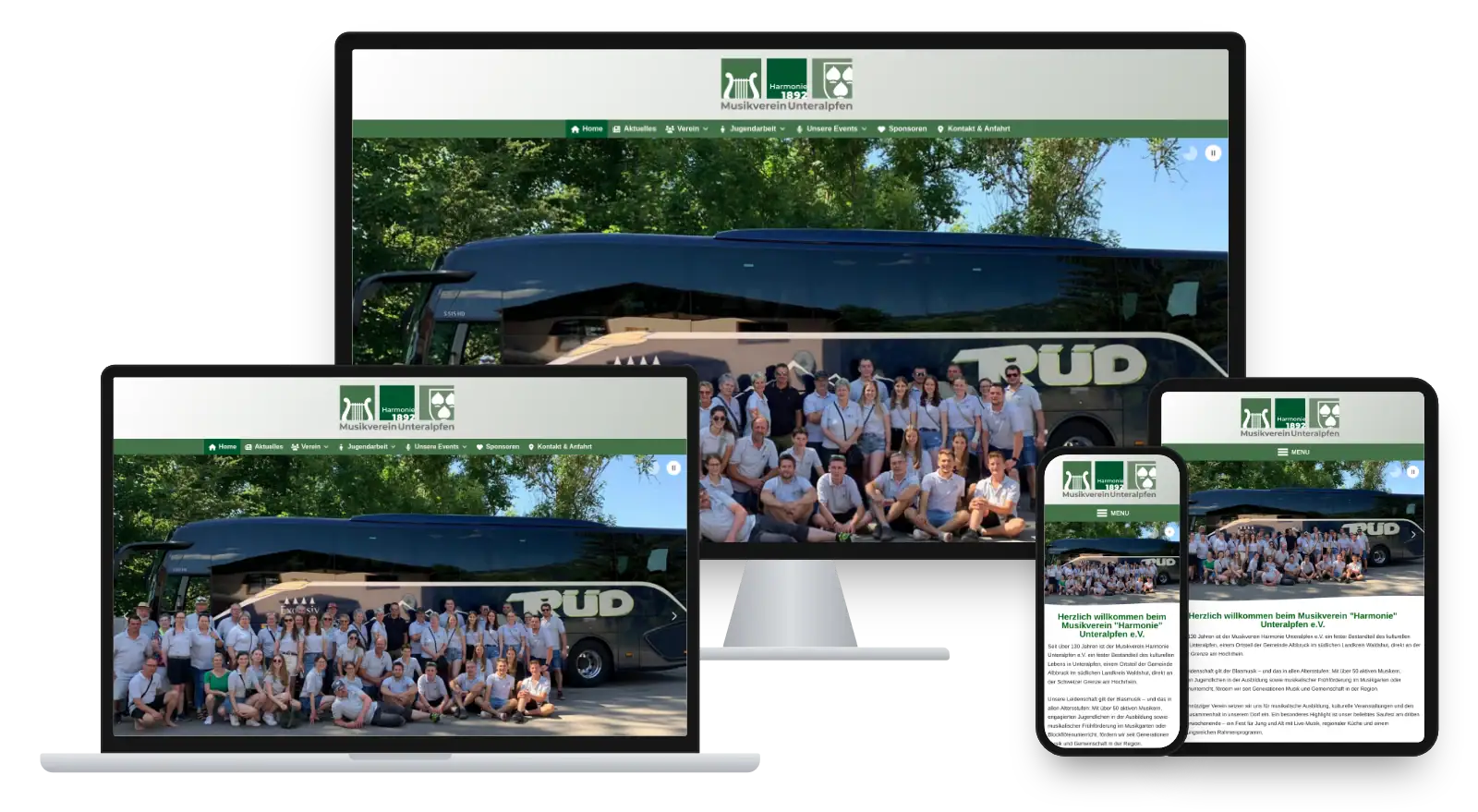Website musikverein-unteralpfen.de auf Monitor, Laptop, Tablet und Smartphone