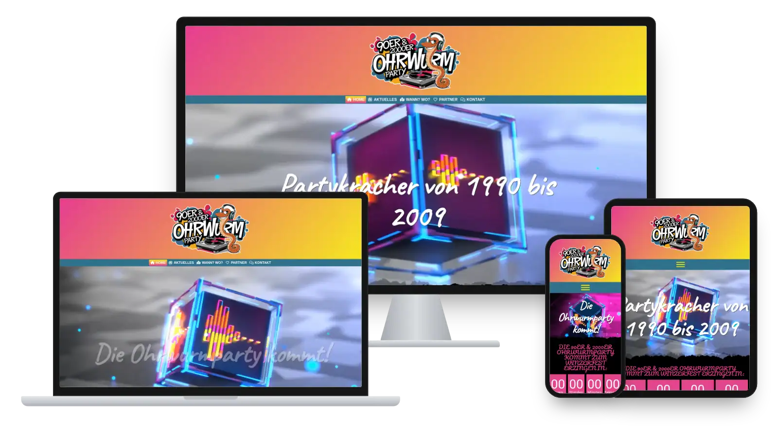 Website ohrwurmparty.de auf Monitor, Laptop, Tablet und Smartphone