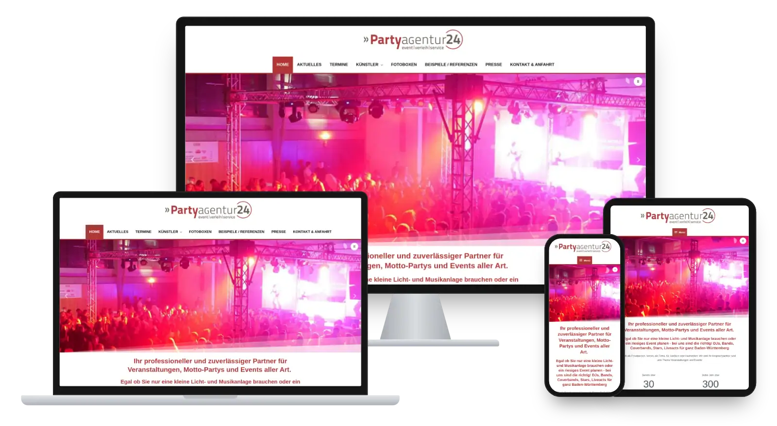Website partyagentur24.de auf Monitor, Laptop, Tablet und Smartphone