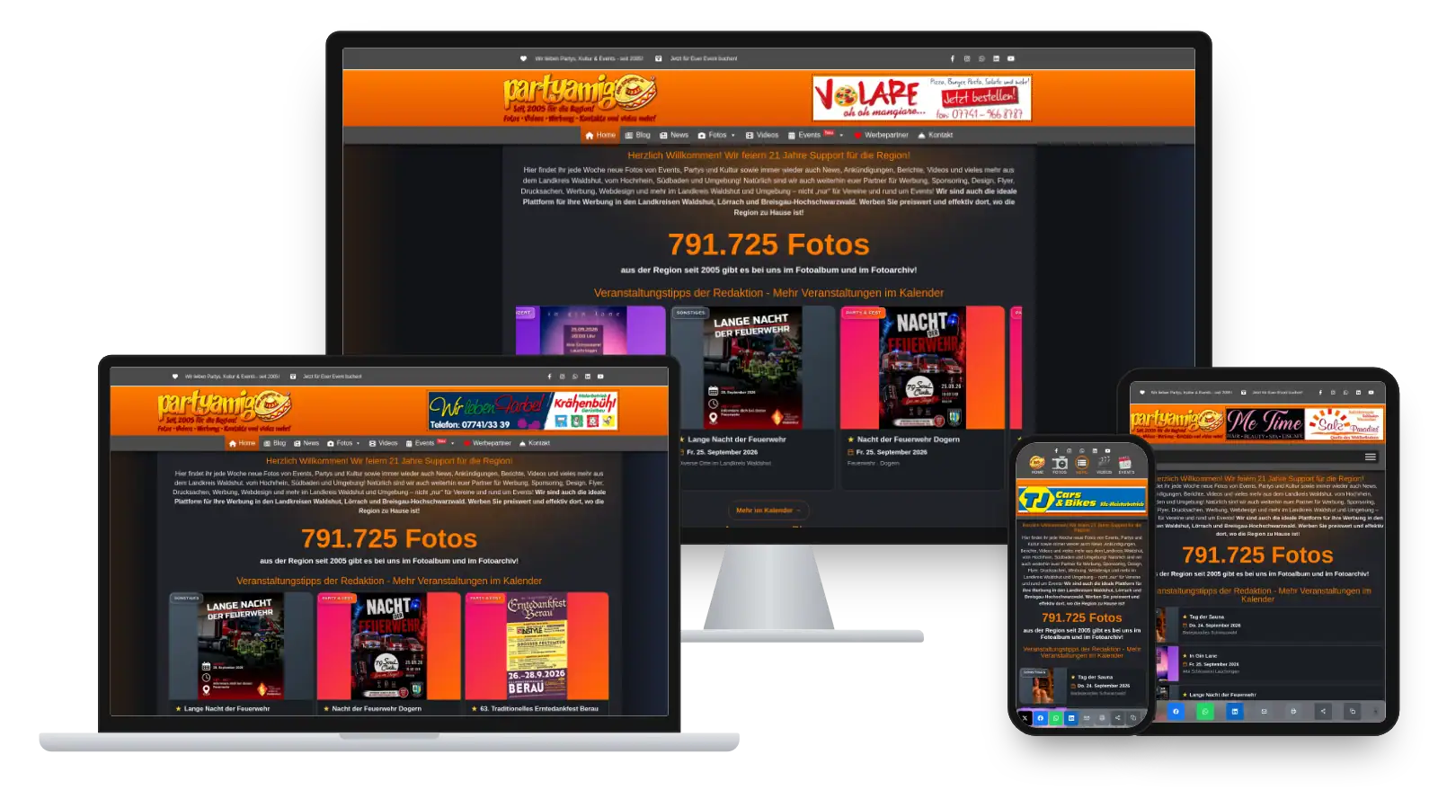 Website partyamigo.de auf Monitor, Laptop, Tablet und Smartphone