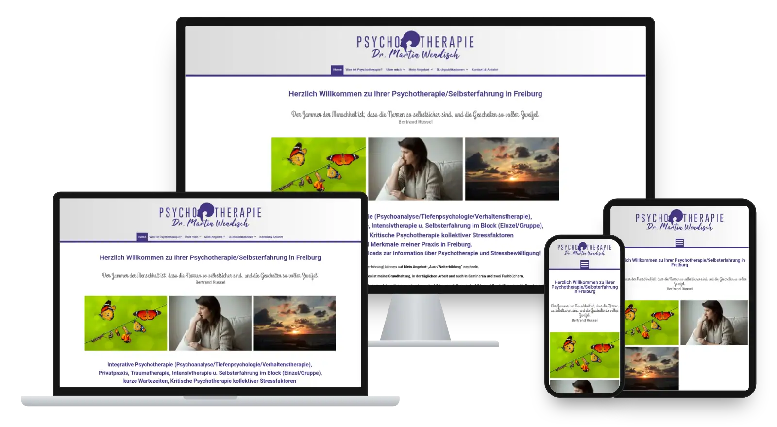 Website psychotherapie-freiburg.com auf Monitor, Laptop, Tablet und Smartphone