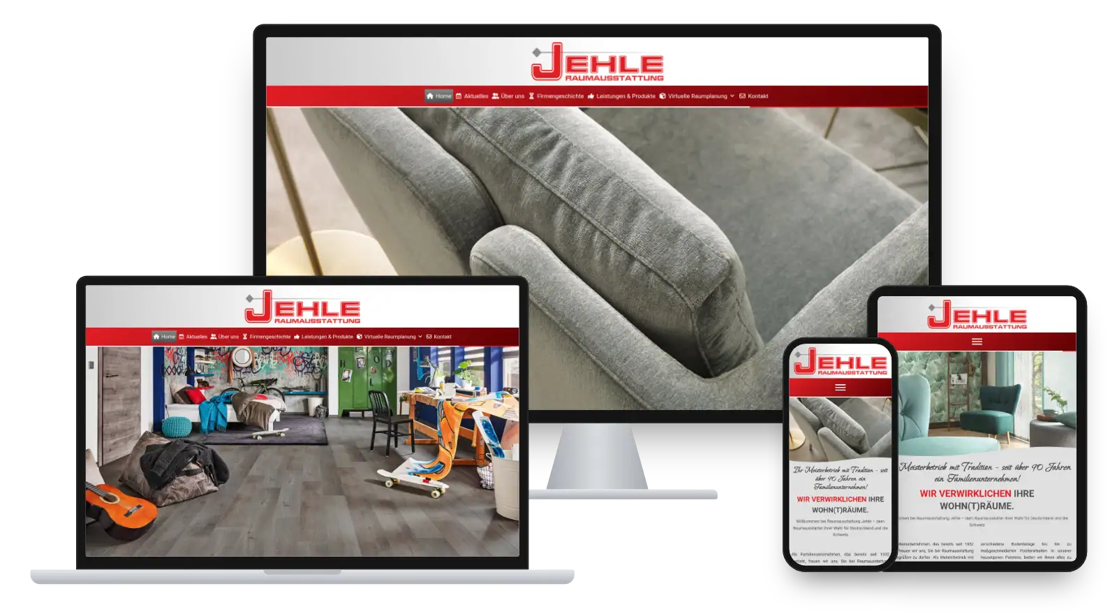 Website raumausstattung-jehle.de auf Monitor, Laptop, Tablet und Smartphone