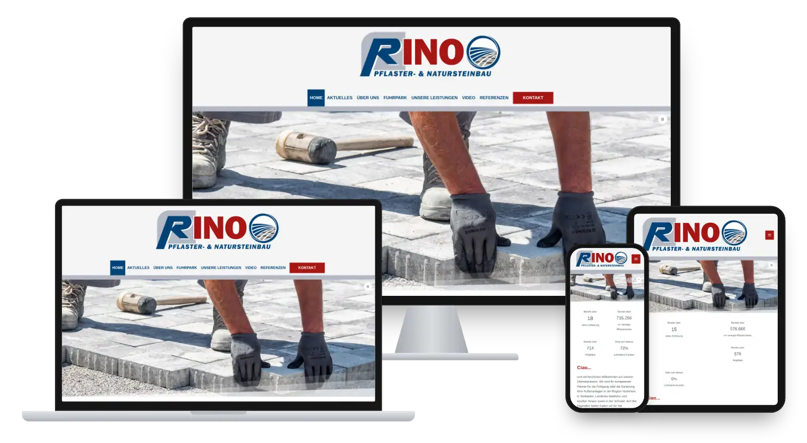Website rino-pflasterbau.de auf Monitor, Laptop, Tablet und Smartphone