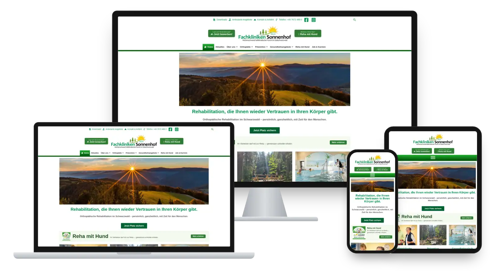 Website sonnenhof-reha.de auf Monitor, Laptop, Tablet und Smartphone