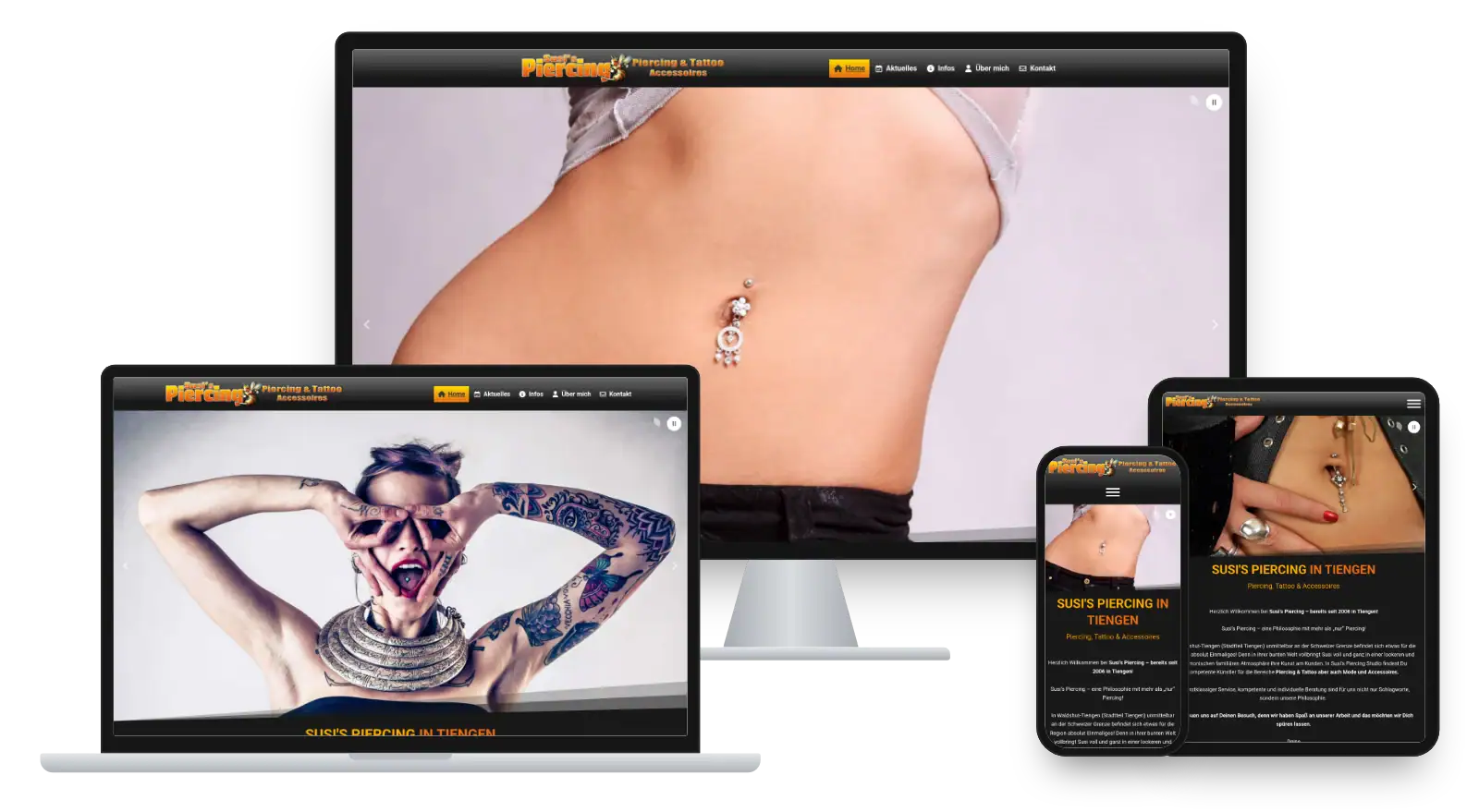 Website susis-piercing.de auf Monitor, Laptop, Tablet und Smartphone