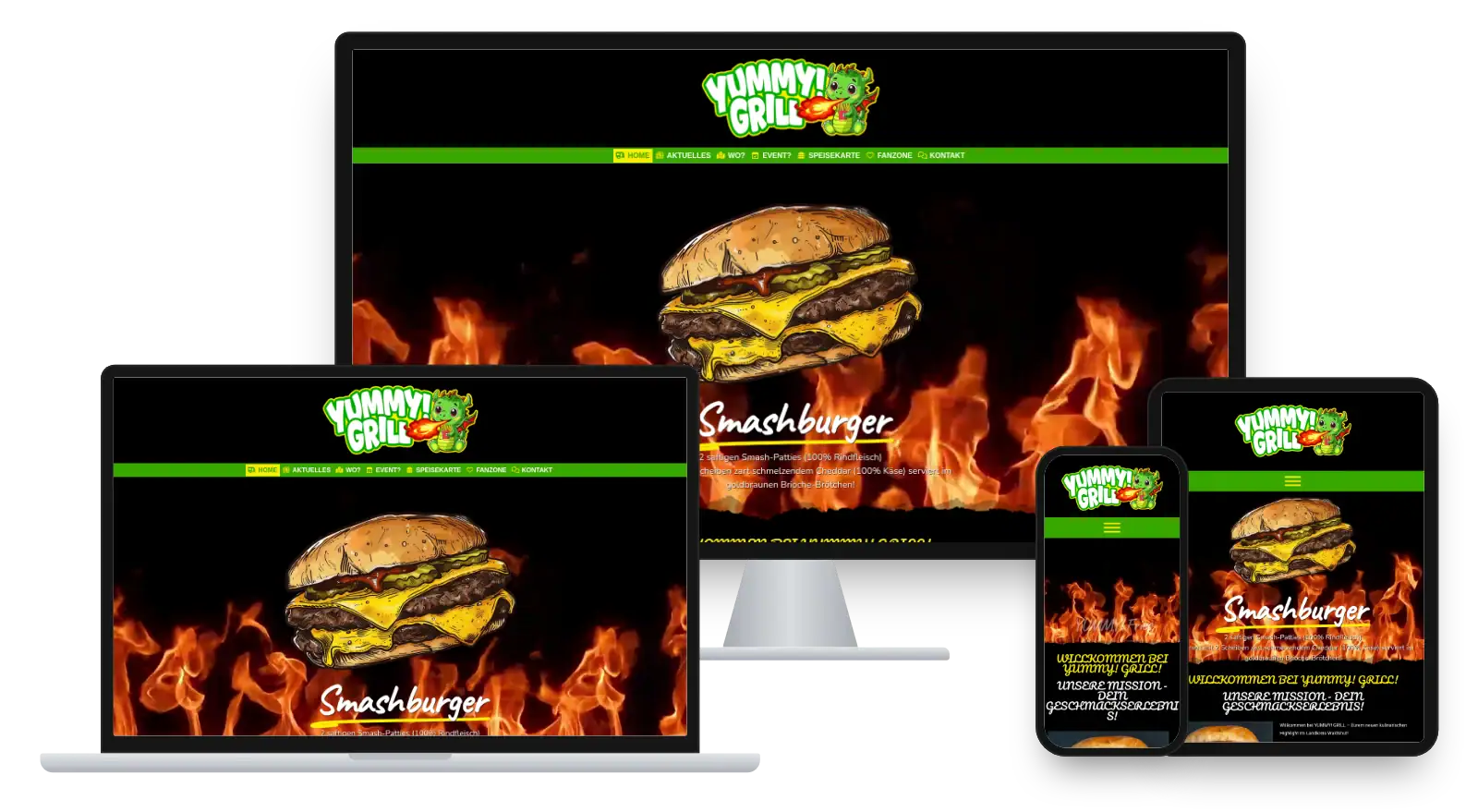 Website yummy-grill.de auf Monitor, Laptop, Tablet und Smartphone